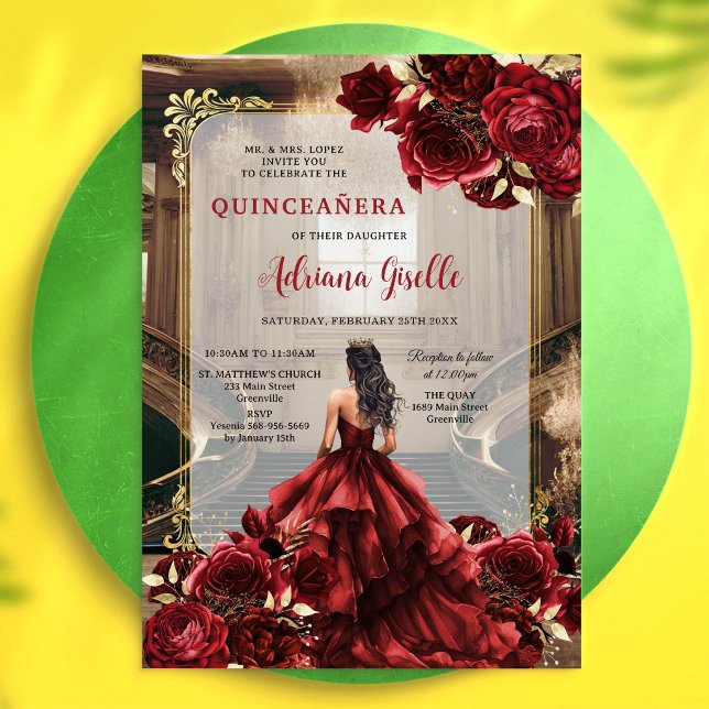 Invitación floral moderna de rosa roja para quince (Subido por el creador)