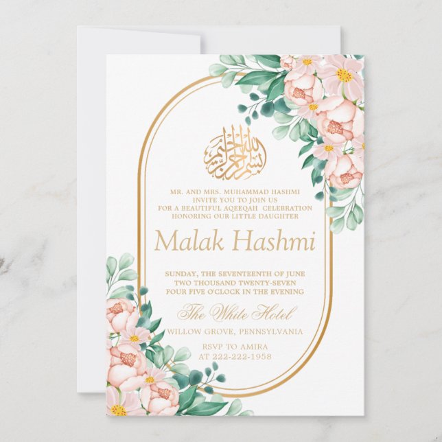 Invitación Floral moderna deja al bebé Aqiqa Aqeqa islámico (Anverso)