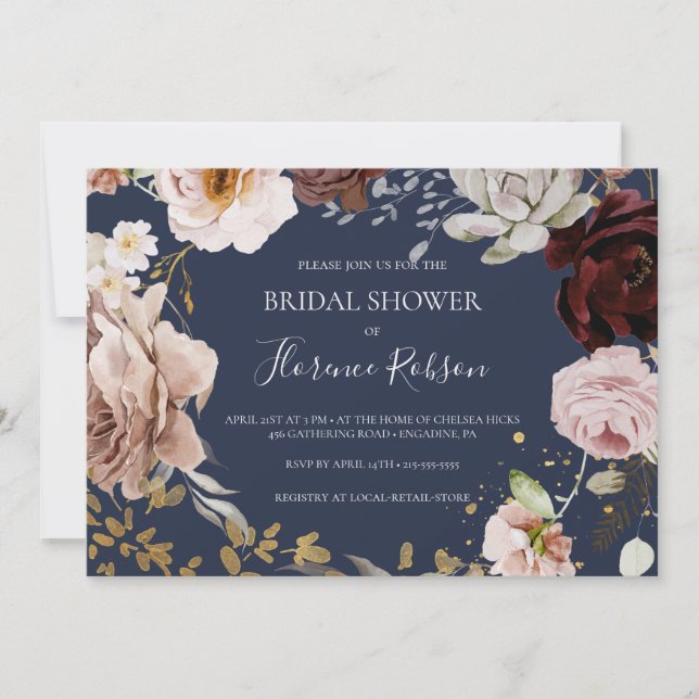 Invitación Floral moderna | Ducha nupcial horizontal naval (Anverso)