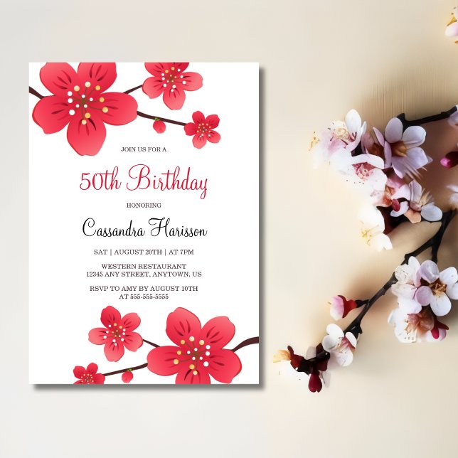Invitación Floral moderna Floral Rojo Cerezo Blossom Aniversa (Subido por el creador)