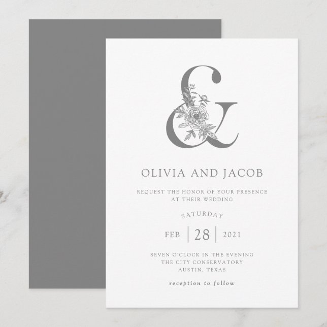 Invitación Floral moderna | Gris y Ampersand Boda Blanco (Anverso / Reverso)
