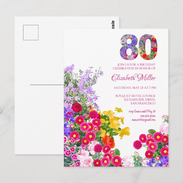 invitación floral moderna para fiesta de cumpleaño (Anverso / Reverso)