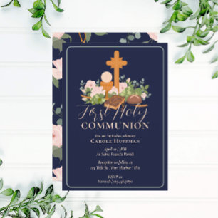 Invitación Floral moderna Primera Santa Comunión Religiosa