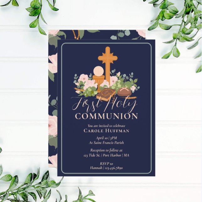 Invitación Floral moderna Primera Santa Comunión Religiosa (Subido por el creador)