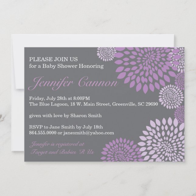 Invitación floral moderna púrpura gris de Baby (Anverso)