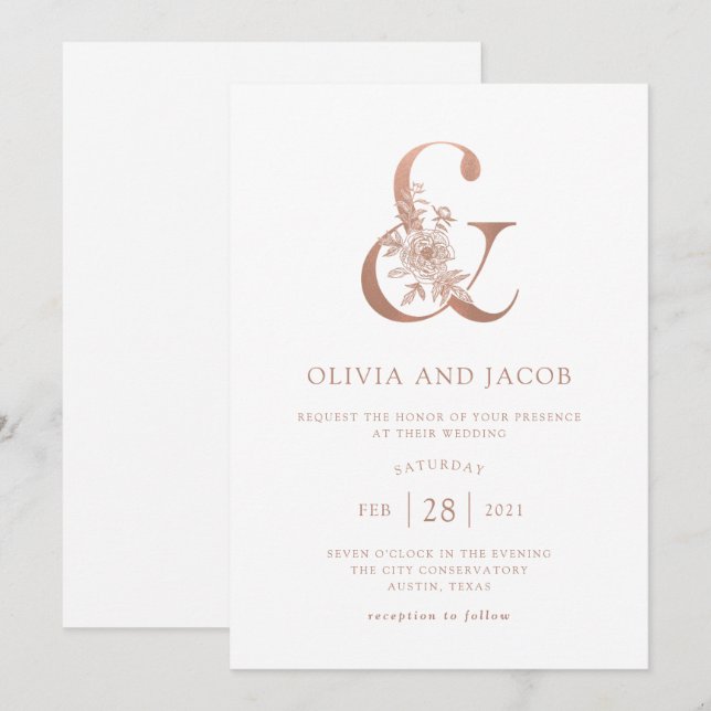 Invitación Floral moderna | Rosa de Faux Gold Ampersand Boda (Anverso / Reverso)