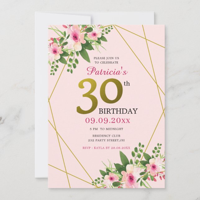 Invitación Floral moderna rosa y oro 30 cumpleaños (Anverso)