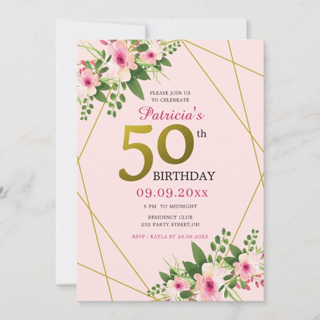 Invitación Floral moderna rosa y oro 50 cumpleaños (Anverso)