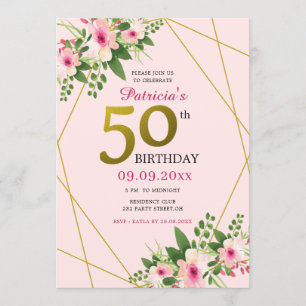 Invitación Floral moderna rosa y oro 50 cumpleaños