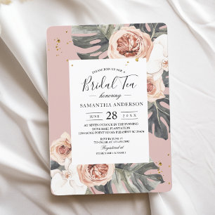 Invitación Floral moderna rosa y verde hoja tropical y orquíd