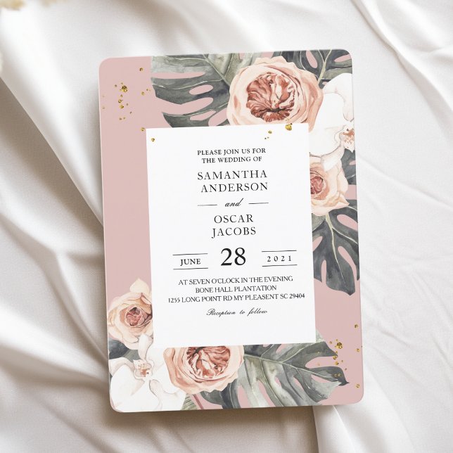 Invitación Floral moderna rosa y verde hoja tropical y orquíd (Subido por el creador)
