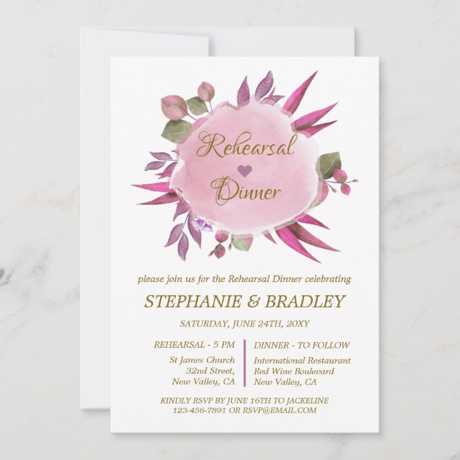 Invitación Floral Moderno Elegante Ensayo De Boda Cena (Anverso)