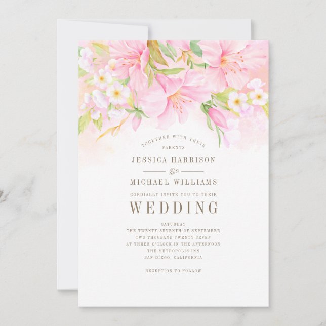 Invitación Floral Monograma acuarela Rubor Boda de Boho rosa (Anverso)