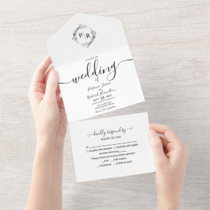 Invitación floral monograma para boda todo en uno