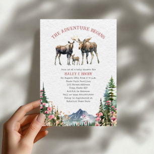 Invitación Floral Moose Woodland Adventure Chica Baby Shower
