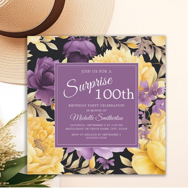 Invitación Floral morada amarilla 100 cumpleaños sorpresa (Purple and yellow floral surprise 100th birthday party invitation)