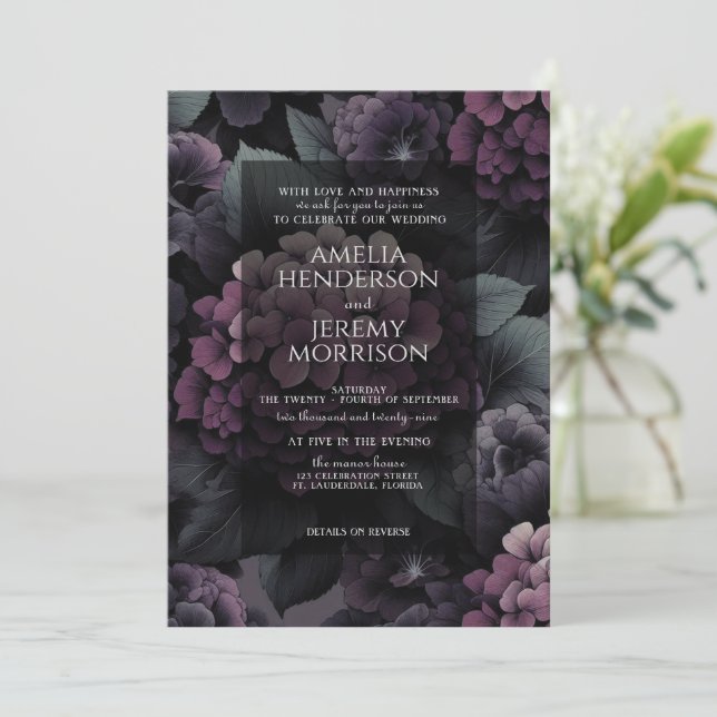 Invitación Floral morada con código QR (Anverso de pie)