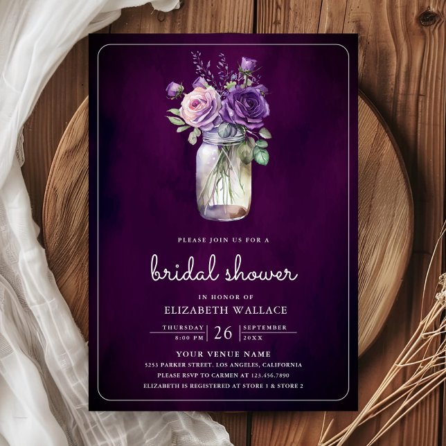 Invitación Floral morada morada oscura Mason Jar Bridal Showe (Subido por el creador)