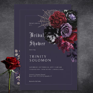 Invitación Floral morada oscura y ducha de novia web plateada
