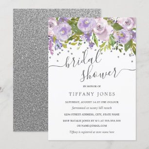 Invitación Floral Morada Plata Confetti Ducha de novia