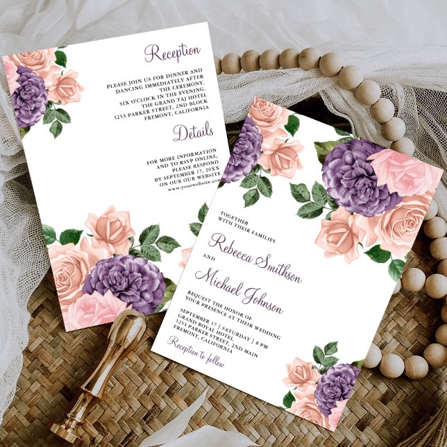 Invitación Floral morada rosa Rubor en un solo Boda (Subido por el creador)