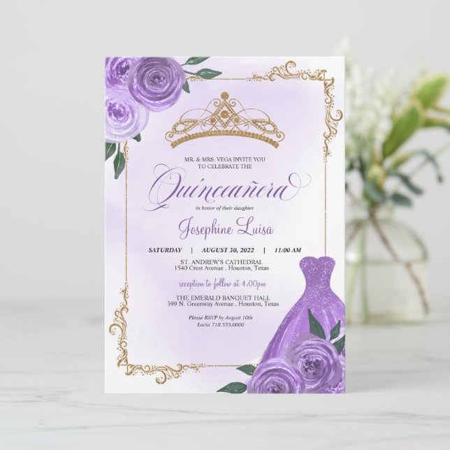 Invitación Floral morada Tiara Quinceañera (Anverso de pie)