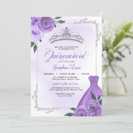 Invitación Floral morada Tiara Quinceañera Inv