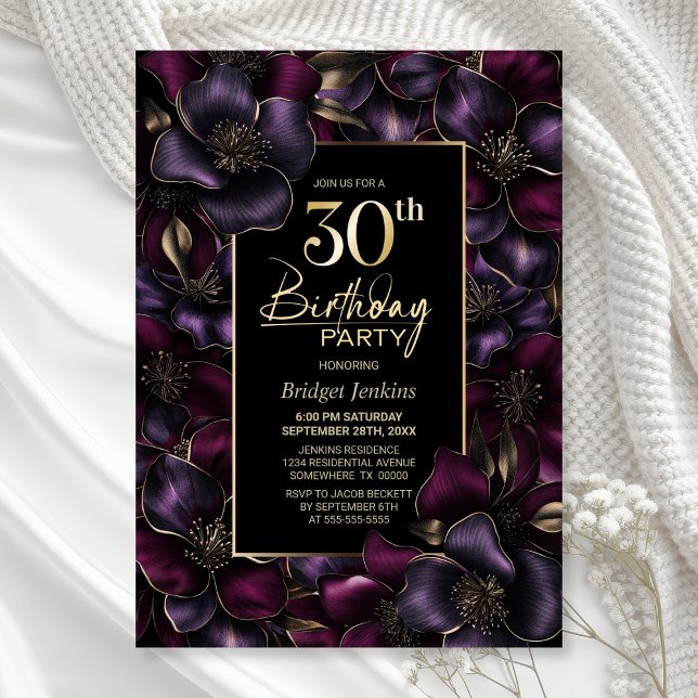 Invitación Floral morada y rosa 30 Fiesta de cumpleaños (Subido por el creador)