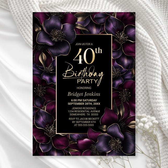 Invitación Floral morada y rosa 40 Fiesta de cumpleaños (Subido por el creador)