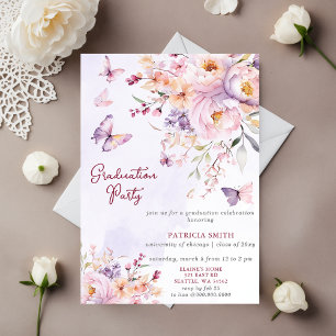 Invitación Floral Morado Mariposas Foto Partido de Graduación