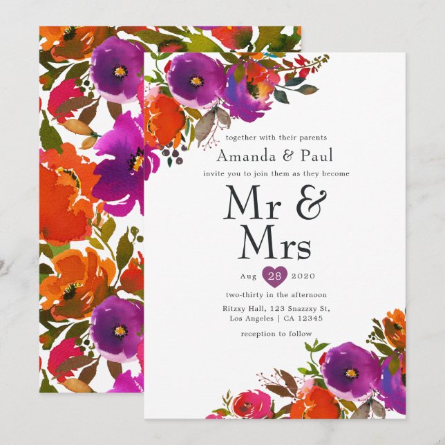 Invitación Floral morado y Naranja Sr. y Sra. Boda (Anverso / Reverso)
