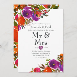 Invitación Floral morado y Naranja Sr. y Sra. Boda