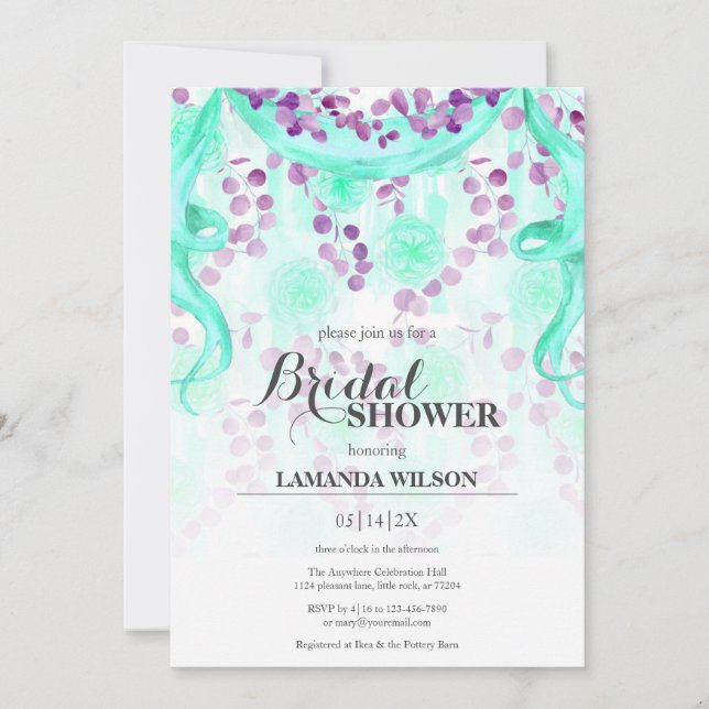 Invitación Floral morado y pancarta Verde azulada ducha de no (Anverso)