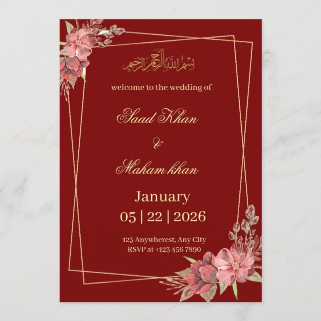 Invitación floral musulmana a una boda Nikkah (Anverso)