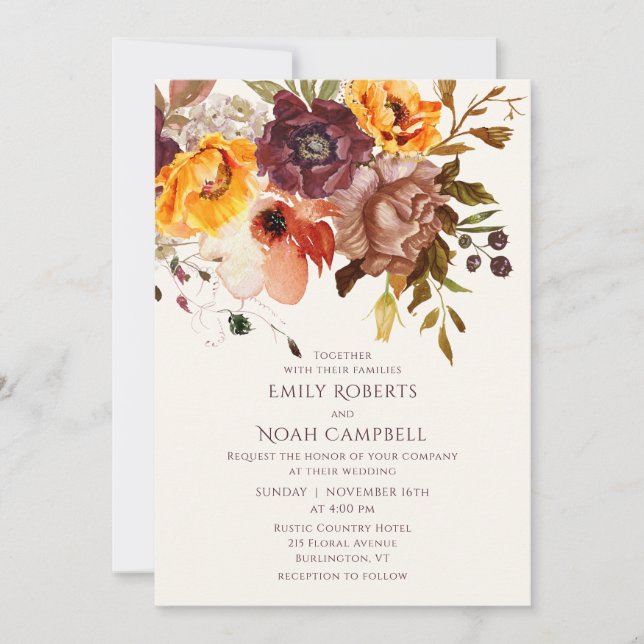 Invitación Floral Naranja de ciruelas rusticas de otoño (Anverso)