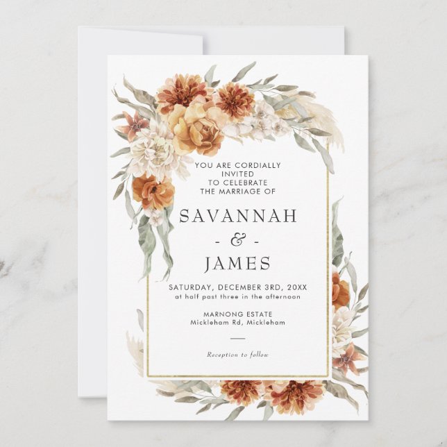 Invitación Floral Naranja Quemada De Boho Con Boda De Marco (Anverso)