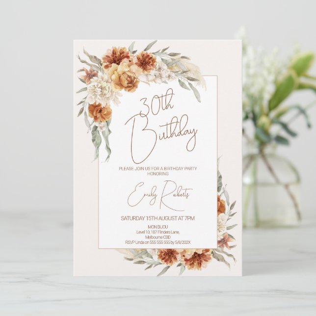 Invitación Floral Naranja Quemada De Boho Con Cumpleaños De M (Anverso de pie)