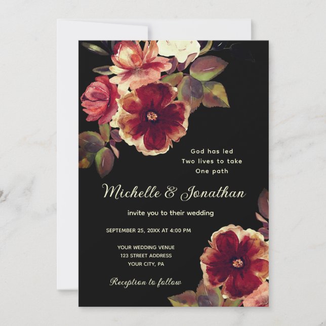 Invitación Floral Naranja quemada sobre Boda cristiano negro (Anverso)