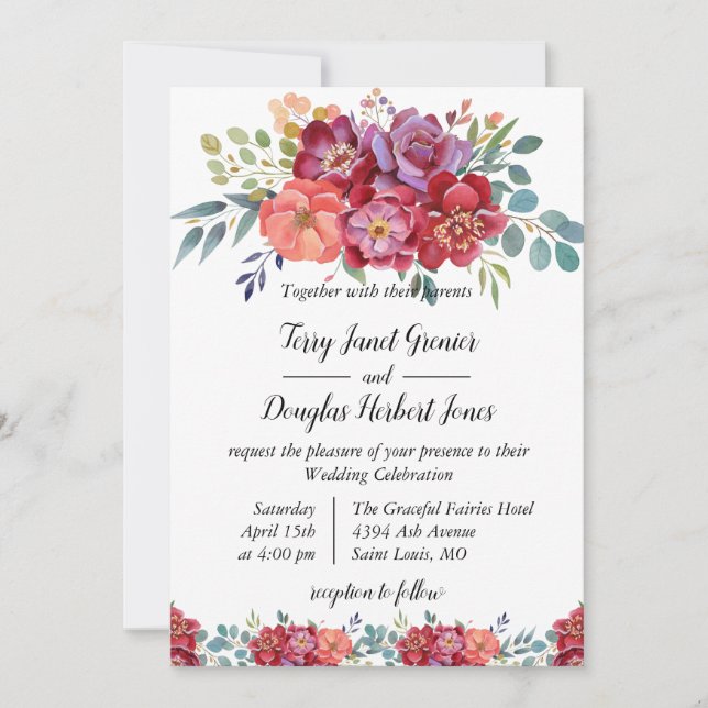 Invitación Floral. naranja rojo y rosa polvoriento Boda de có (Anverso)
