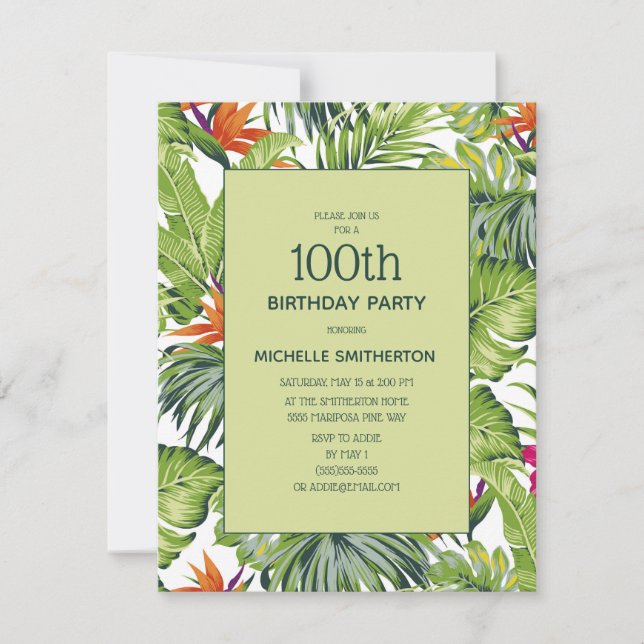 Invitación Floral Naranja rosa de hojas tropicales 100 cumple (Anverso)