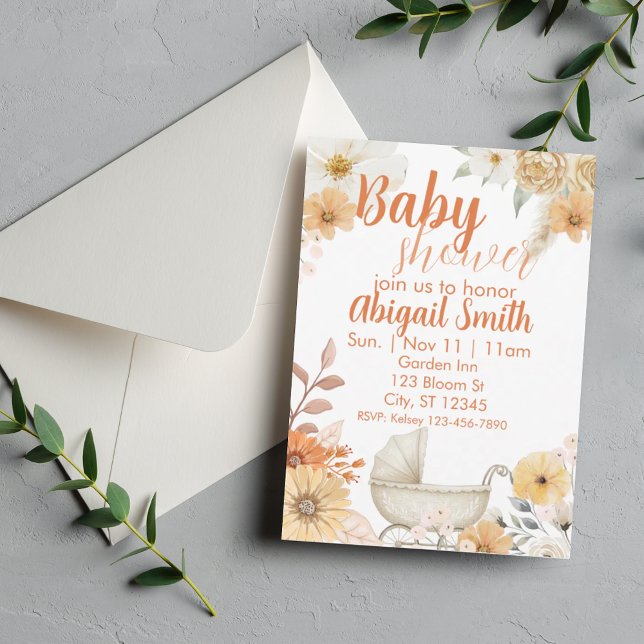 Invitación Floral Naranja y Blanco, Ducha de Bebé en Carruaje (Subido por el creador)