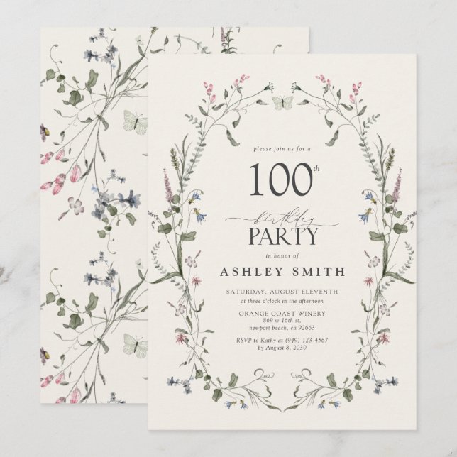 Invitación Floral natural 100 cumpleaños acuarela (Anverso / Reverso)