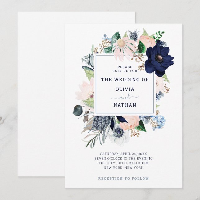 Invitación Floral náutica azul marina| Boda (Anverso / Reverso)