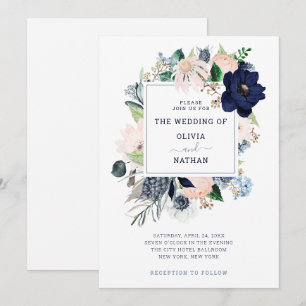 Invitación Floral náutica azul marina Boda