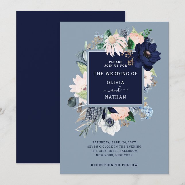 Invitación Floral náutica azul marina| Boda (Anverso / Reverso)