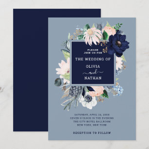Invitación Floral náutica azul marina Boda