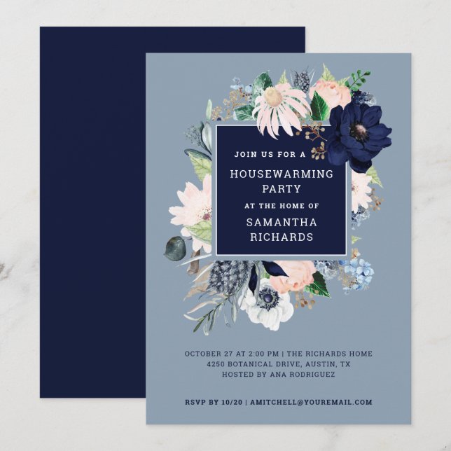 Invitación Floral náutica azul marina| Fiesta para el calenta (Anverso / Reverso)