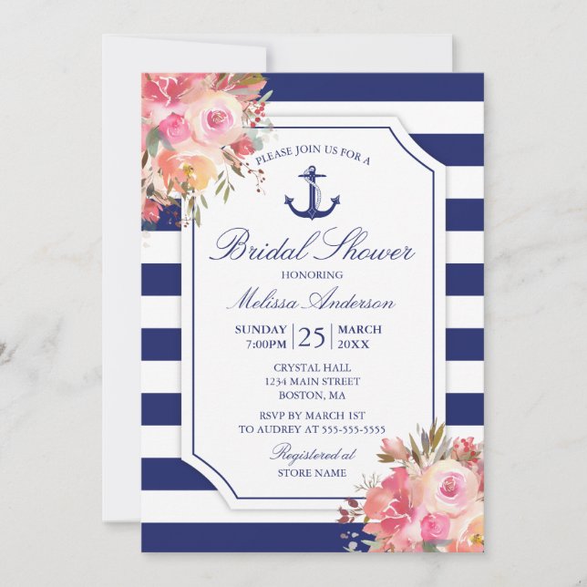 Invitación Floral Nautical Watercolor Bridal Shower (Anverso)