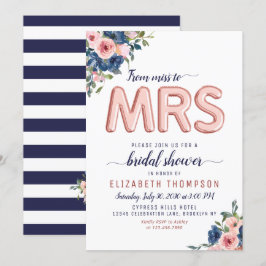 Invitación Floral Naval Rubor Rosa Gold Balloon Bridal Shower