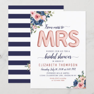 Invitación Floral Naval Rubor Rosa Gold Balloon Bridal Shower